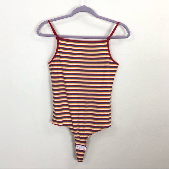 Madewell Ribbed Spaghetti Strap Snap Thong Tank Bodysuit Rainbow Stripe Medium - Picture 3 of 10